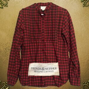 Ralph Lauren Shirt Mock Collar Pleated Button Red Black Yellow Plaid Cotton LG